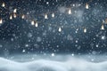 Snowy night with light garlands, falling snow, snowflakes, snowdrift for winter and new year holidays. Holiday winter landscape. Royalty Free Stock Photo