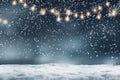 Snowy night with light garlands, falling snow, snowflakes, snowdrift for winter and new year holidays. Holiday winter landscape. Royalty Free Stock Photo