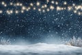 Snowy night with light garlands, falling snow, snowflakes, snowdrift for winter and new year holidays. Holiday winter landscape. Royalty Free Stock Photo