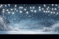 Snowy night with light garlands, falling snow, snowflakes, snowdrift for winter and new year holidays. Holiday winter landscape. Royalty Free Stock Photo