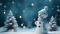 Snowy night scene. A cute snowman with a woolen hat and scarf stands on the snowy ground. Royalty Free Stock Photo