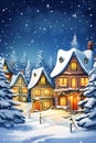Snowy night scene with a village houses and trees.Christmas holiday landscape, vertical Royalty Free Stock Photo