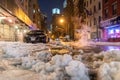 A snowy night time street in Brooklyn New York Royalty Free Stock Photo