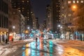 A snowy night time street in Midtown Manhattan New York Royalty Free Stock Photo