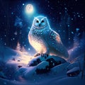 Snowy night in winter forest with owl. 3D illustration. generative AI Royalty Free Stock Photo