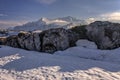 Snowy Oshten mountain peak on background at Lagonaki Highlands in West Caucasus. Scenic winter spring sunny day bluesky landscape