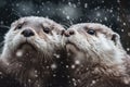 Snowy Otter Family Cuddling in Extreme Close-Up. Perfect for Greeting Cards and Posters.