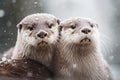 Snowy Otter Family Cuddling in Extreme Close-Up. Perfect for Greeting Cards and Posters.