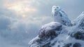 Snowy owl on arctic tundra rock in vibrant pastel winter scene, blending seamlessly with landscape Royalty Free Stock Photo