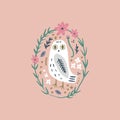 The snowy owl art, cute bohemian white polar bird, drawing with floral decor, hand drawn vector illustration Royalty Free Stock Photo