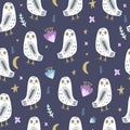 The snowy owl art seamless pattern, pajama party, cute bohemian white polar bird Royalty Free Stock Photo