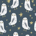 The snowy owl art seamless pattern, pajama party, cute bohemian white polar bird Royalty Free Stock Photo