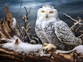 Snowy owl behind fallen tree