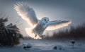 Snowy owl flying down to catch a mouse, in snow in winter, generative AI