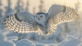 Snowy owl flying over canadian tundra with detailed spread wings in soft winter light Royalty Free Stock Photo