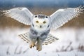 Snowy owl flying over a snow covered field with wings spread. Amazing American Wildlife. Generative Ai