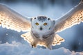 Snowy owl flying over a snow covered field with wings spread. Amazing American Wildlife. Generative Ai