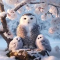 Snowy owl with her family in a snowy forest. Beautiful winter scene wallpaper, winter wildlife, generative ai