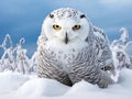 Snowy owl isolated against a white background coming in for the kill on a snow covered field in Royalty Free Stock Photo