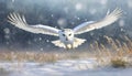 snowy owl in low flight in winter with snowfall