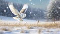snowy owl in low flight in winter with snowfall