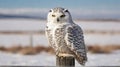 A snowy owl perched on a fence post in a wintry landscape presents a captivating and majestic tableau. Royalty Free Stock Photo