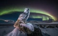 A snowy owl perched on a snowy rock with aurora in the sky, snow coverd the mountain, generative AI Royalty Free Stock Photo