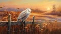 Snowy owl sitting on a fence at sunset, AI Generated
