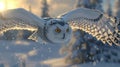 Snowy owl soaring over canadian tundra with detailed spread wings in soft winter light Royalty Free Stock Photo