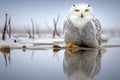 a snowy owl staring at its reflection on a frozen lake Royalty Free Stock Photo