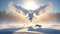 A Snowy Owl swooping low to catch a mouse in winter AI Generated Royalty Free Stock Photo