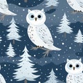 Snowy owl and trees seamless winter Christmas background . Repeating tile Royalty Free Stock Photo