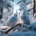 Snowy owls in the winter forest,Two snowy owl sits in the snow,AI generated Royalty Free Stock Photo