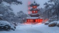 Snowy Pagoda and Tower Illuminated in Winter Twilight Royalty Free Stock Photo