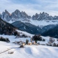 Snowy panorama at Santa Magdalena village in the famous Val di Funes. Trentino Alto Adige, Italy.