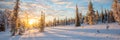 Snowy panoramic landscape at sunset, frozen trees in winter in Saariselka, Lapland Finland Royalty Free Stock Photo