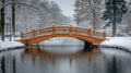 Snowy park bridge, winter snowfall, tranquil pond, serenity Royalty Free Stock Photo