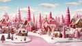 Snowy Pastels: 3D Illustration of a Charming Village with Pink Houses