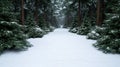 Snowy path through a dense winter forest landscape. Royalty Free Stock Photo