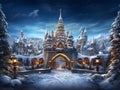 A snowy path leads to a fairytale castle in a winter wonderland with a Christmas enchanted landscape.