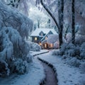 A snowy path leads to a house in the woods, AI