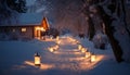 A snowy path lined with glowing luminaries leading to a warm home. Royalty Free Stock Photo