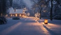 A snowy path lined with glowing luminaries leading to a warm home. Royalty Free Stock Photo