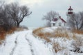 A snowy path winds its way through the landscape, leading to a towering lighthouse, A snow-covered path leading to a lighthouse, Royalty Free Stock Photo