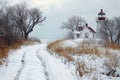 A snowy path winds its way through the landscape, leading to a towering lighthouse, A snow-covered path leading to a lighthouse,