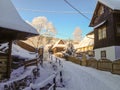 Snowy path through wooden cottages in the mountains of Nizna Boca, Slovakia