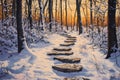 A serene winter forest features a winding snowy pathway with stone steps, illuminated Royalty Free Stock Photo