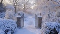 A Snowy Pathway Through an Open Gate in a Wintery Forest Royalty Free Stock Photo