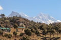 Snowy peaks of the Everest and Lhotse mountains from valley near Namche Bazaar town Royalty Free Stock Photo
