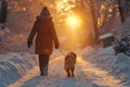 Snowy pet walk Dogs and owners bonding in a winter wonderland